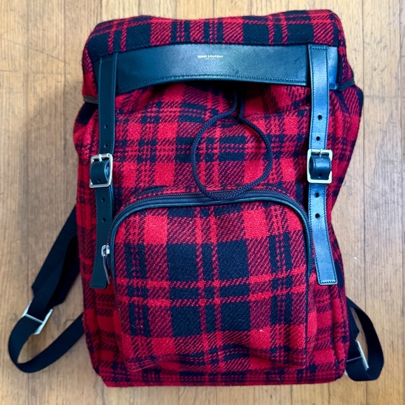 Saint Laurent Red and Black Tartan Wool Backpack - AUTHENTIC/LIKE NEW - Picture 1 of 9